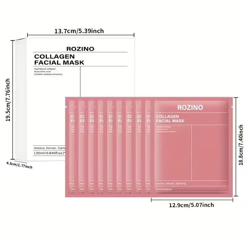 ROZINO 10-Pcs Bio-Collagen Mask Set - Intense Hydration for Dewy, Smooth & Glowing Skin! Alcohol-Free & Gently Lemon Scented, The Perfect Hypoallergenic Care & Holiday Glow for All Skin Types!(25Ml/ 0.845Fl.Oz)*10pcs