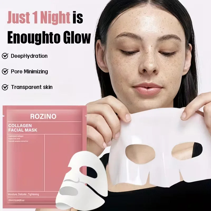 ROZINO 10-Pcs Bio-Collagen Mask Set - Intense Hydration for Dewy, Smooth & Glowing Skin! Alcohol-Free & Gently Lemon Scented, The Perfect Hypoallergenic Care & Holiday Glow for All Skin Types!(25Ml/ 0.845Fl.Oz)*10pcs
