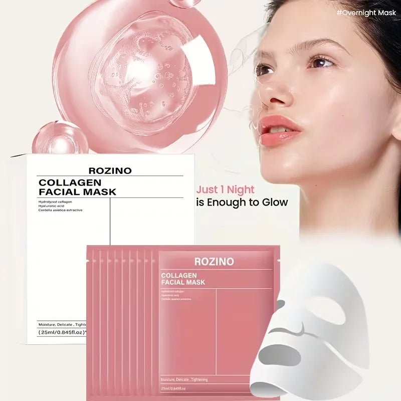 ROZINO 10-Pcs Bio-Collagen Mask Set - Intense Hydration for Dewy, Smooth & Glowing Skin! Alcohol-Free & Gently Lemon Scented, The Perfect Hypoallergenic Care & Holiday Glow for All Skin Types!(25Ml/ 0.845Fl.Oz)*10pcs